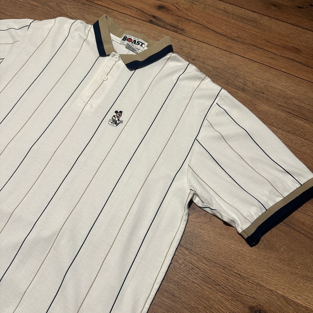 Vintage Boast White Pinstripe Mickey Mouse Polo Shirt Mens XL